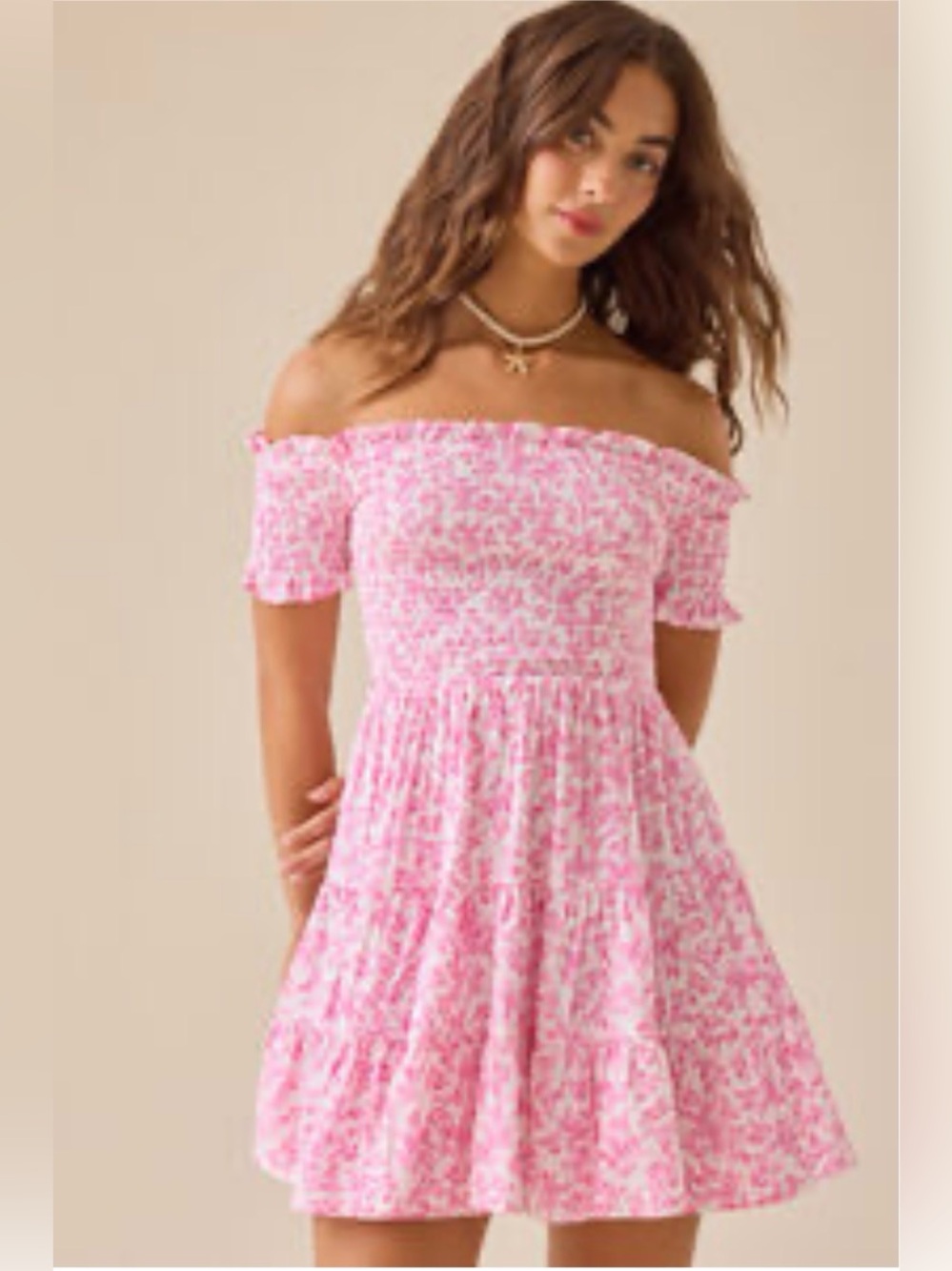 Altar'd State Pink Floral Off-Shoulder Smocked Dress